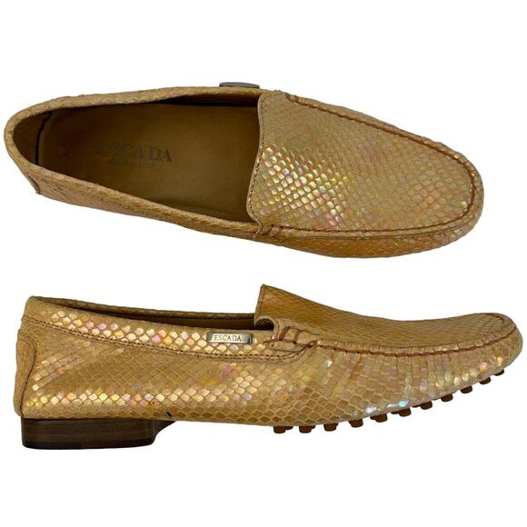 Escada Mocassin Loafers Snakeskin Animal Print Leather Peachy Pink Slip-Ons 37C - Picture 1 of 10